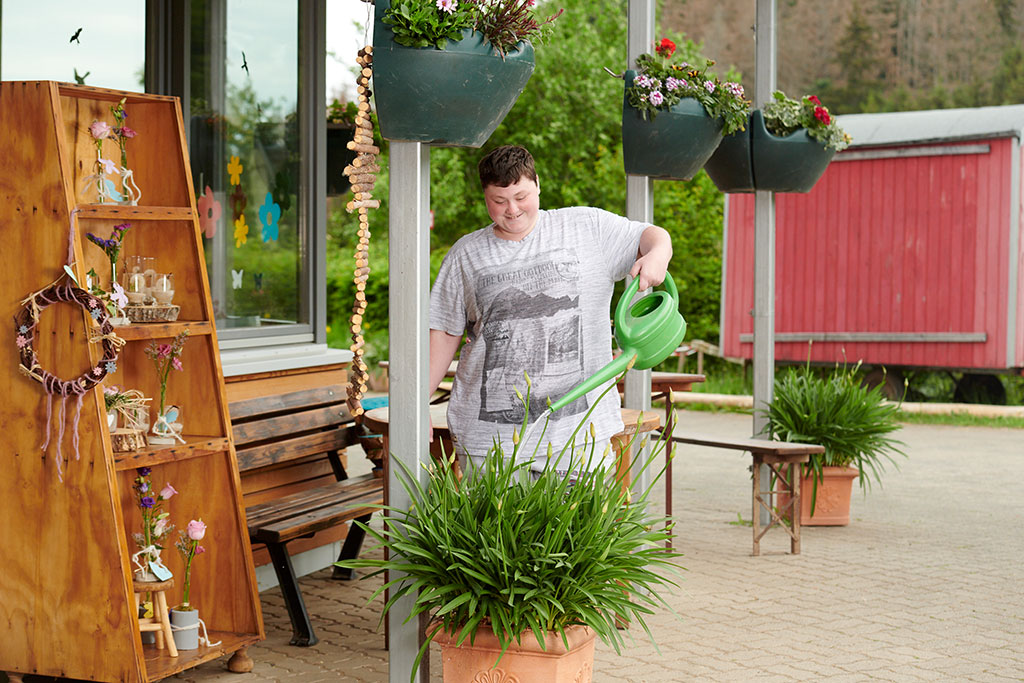 Ein junger Mann beim Blumengießen