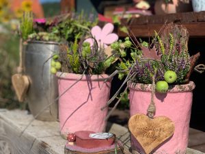 rosa Töpfe mit Herbstgestecken