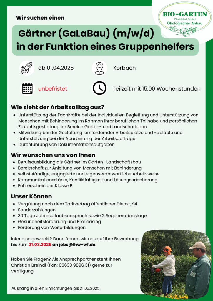 Stellenangebot Gruppenhelfer Garten- und Landschaftsbau